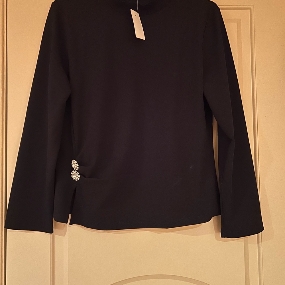 Ann Taylor jeweled button waist mock neck top. Black. Size large